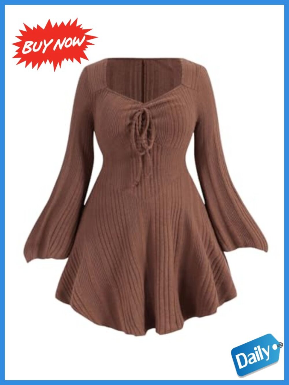 Plus Size Sweater Dress Bell Long Sleeve V-Neck Mini Casual Fall